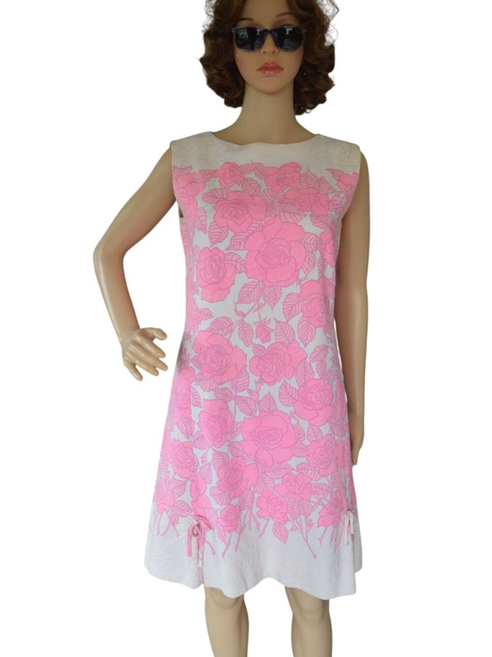 Vintage 60s Alex Coleman Floral Brocade Shift Dress Pink White Womens Size Small